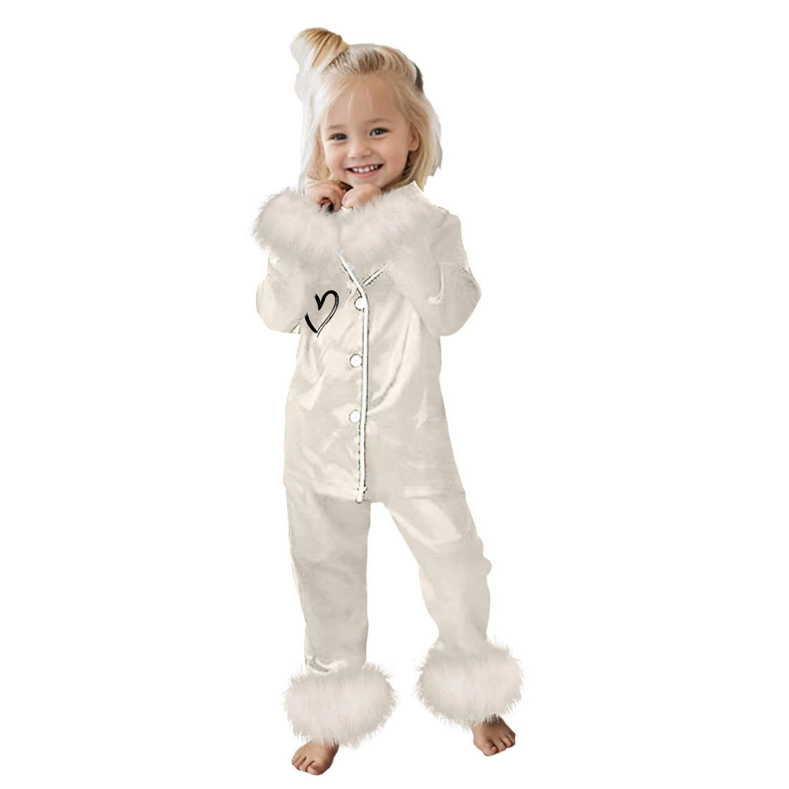 QWIED Girls Pajamas Children Valentine's Day Solid Color Casual Comfort Cozy Plush Long Sleeve Button Down Shirt and Loungewear Trousers 2-Piece Outfits Set Size 10-11